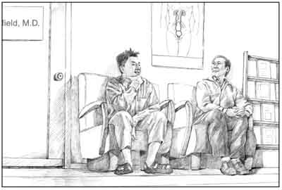 Drawing of a middle-aged Asian man and a younger Asian man sitting in a doctor?s waiting room.