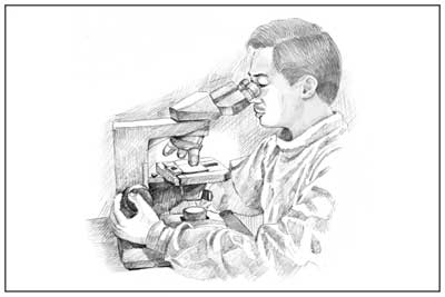 Drawing of a health care worker looking through a microscope.